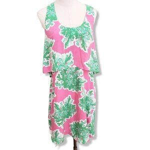 CROWN & Ivy Pink and lime Green Spring Summer Dress Knee Coral Length Sz 10